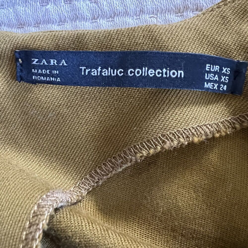 Zara Trafaluc‎ Mini Dress Womens XS Tan Yellow Short Sleeve Bow Tie Fit Flare - Picture 9 of 15